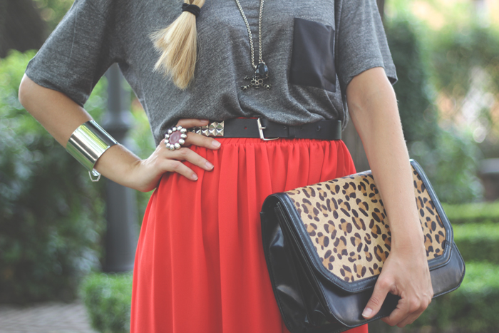 Maxi Red Skirt, long skirt, casual look, street style, my showroom, skull, leopard print, garden, fashion blogger