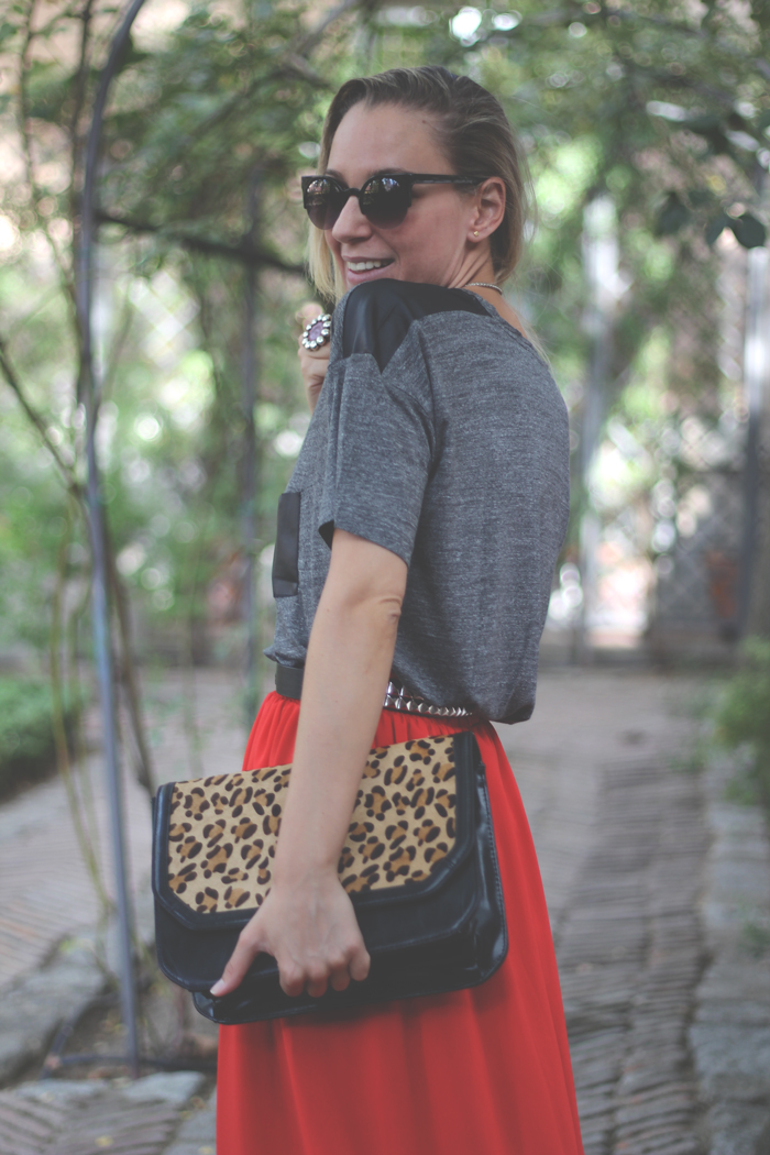 Maxi Red Skirt, long skirt, casual look, street style, my showroom, skull, leopard print, garden, fashion blogger