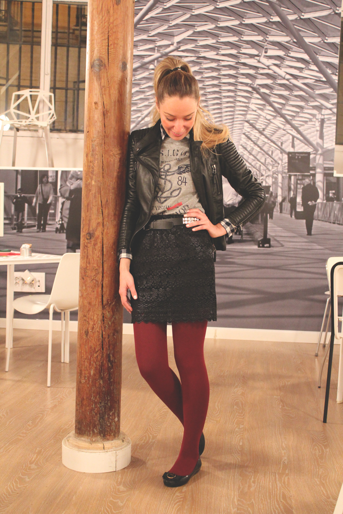 My Showroom, Priscila Betancort, Street style, look of the day, falda de encaje, perfecto, leather jacket, spike belt, 