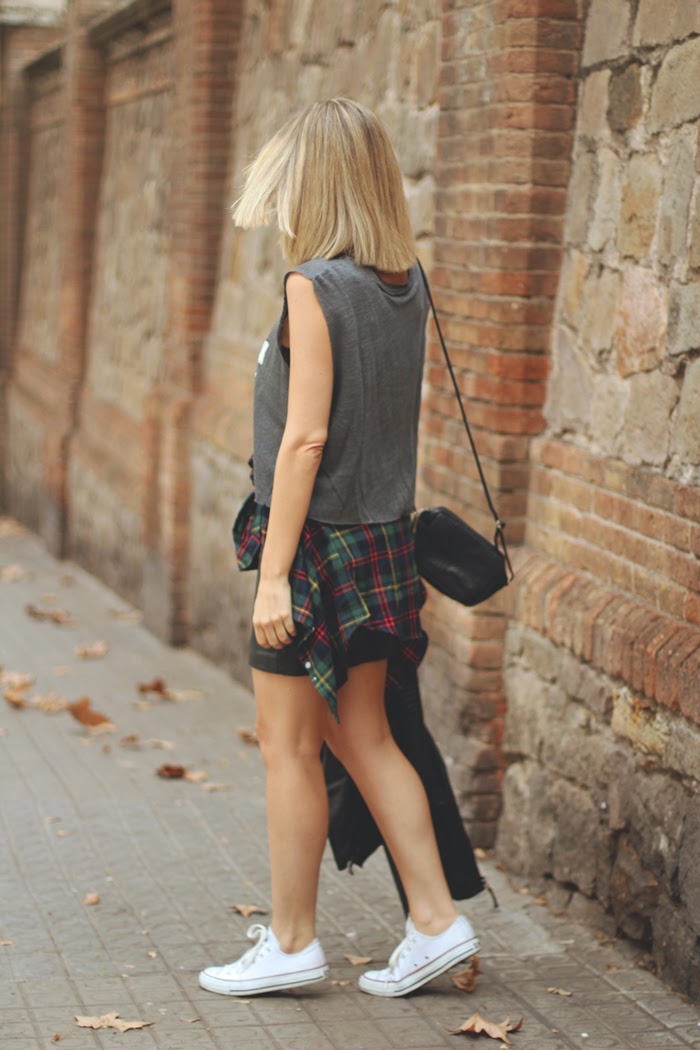 autumn trends, basic outfit, biker jacket, fashion blogger, leather skirt, mini skirt, plaid shirt, teenvogue, 