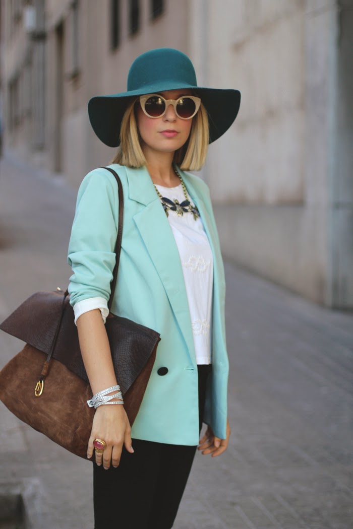 Cat eye, Mint blazer, floppy hat, fashion blogger, green outfit, fall trend, fly necklace