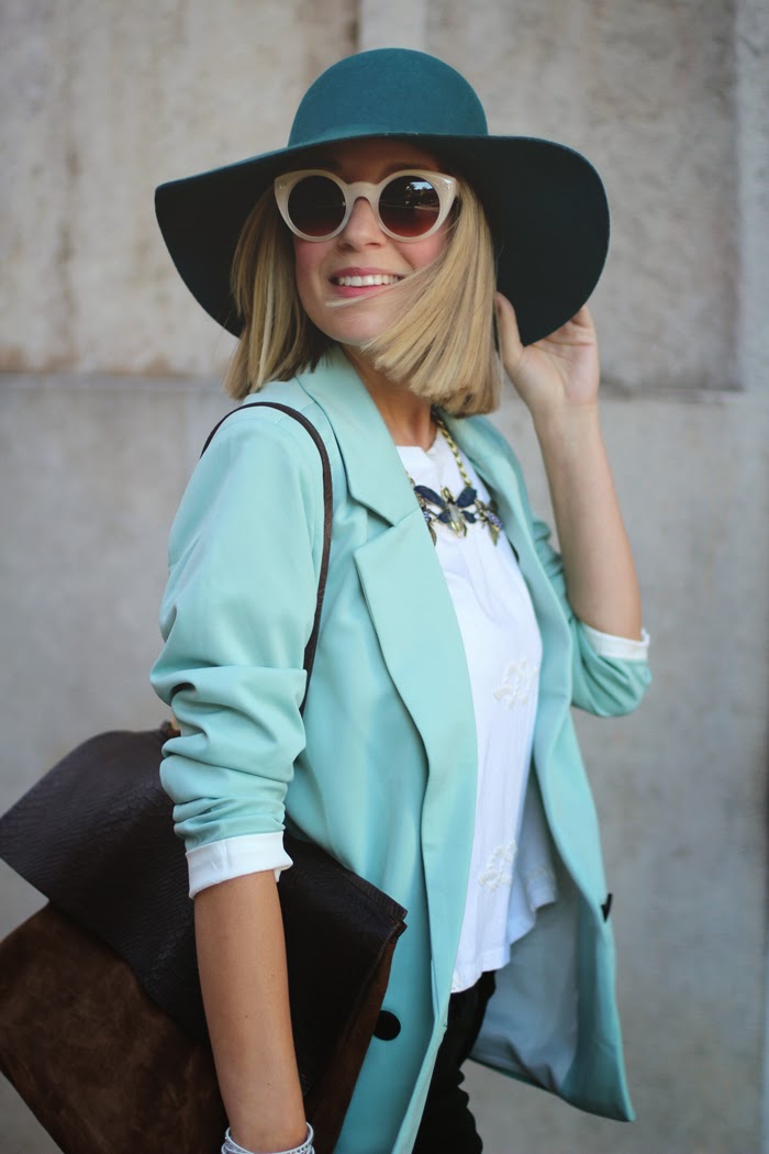 Cat eye, Mint blazer, floppy hat, fashion blogger, green outfit, fall trend, fly necklace