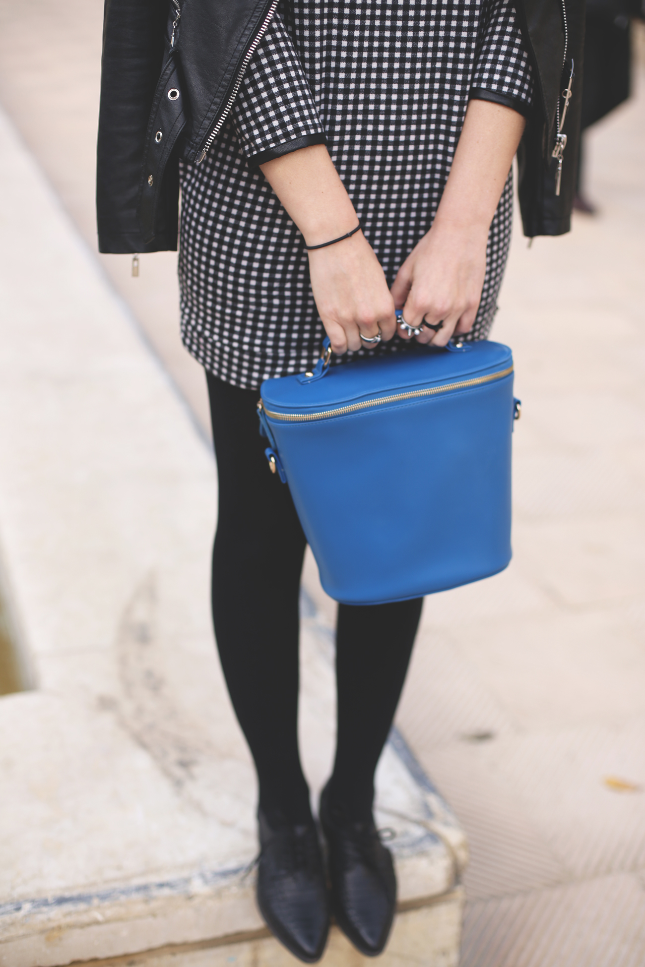 klein color, retro bag, black and white, leather, studded, mod style, flats, cool outfit