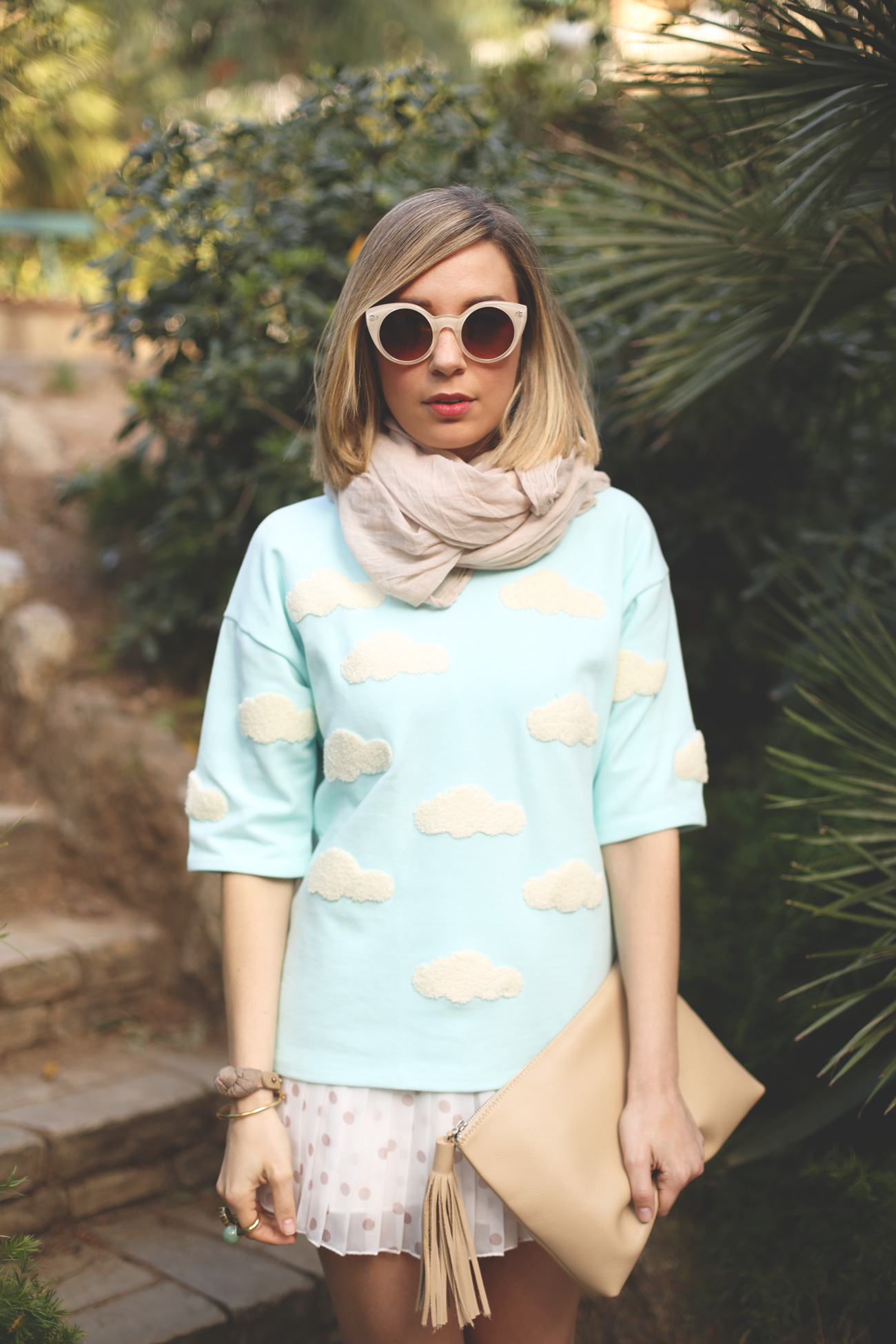 Prints, clouds, light blue, fashion, blogger, outfit, spring, look, beige, skirt