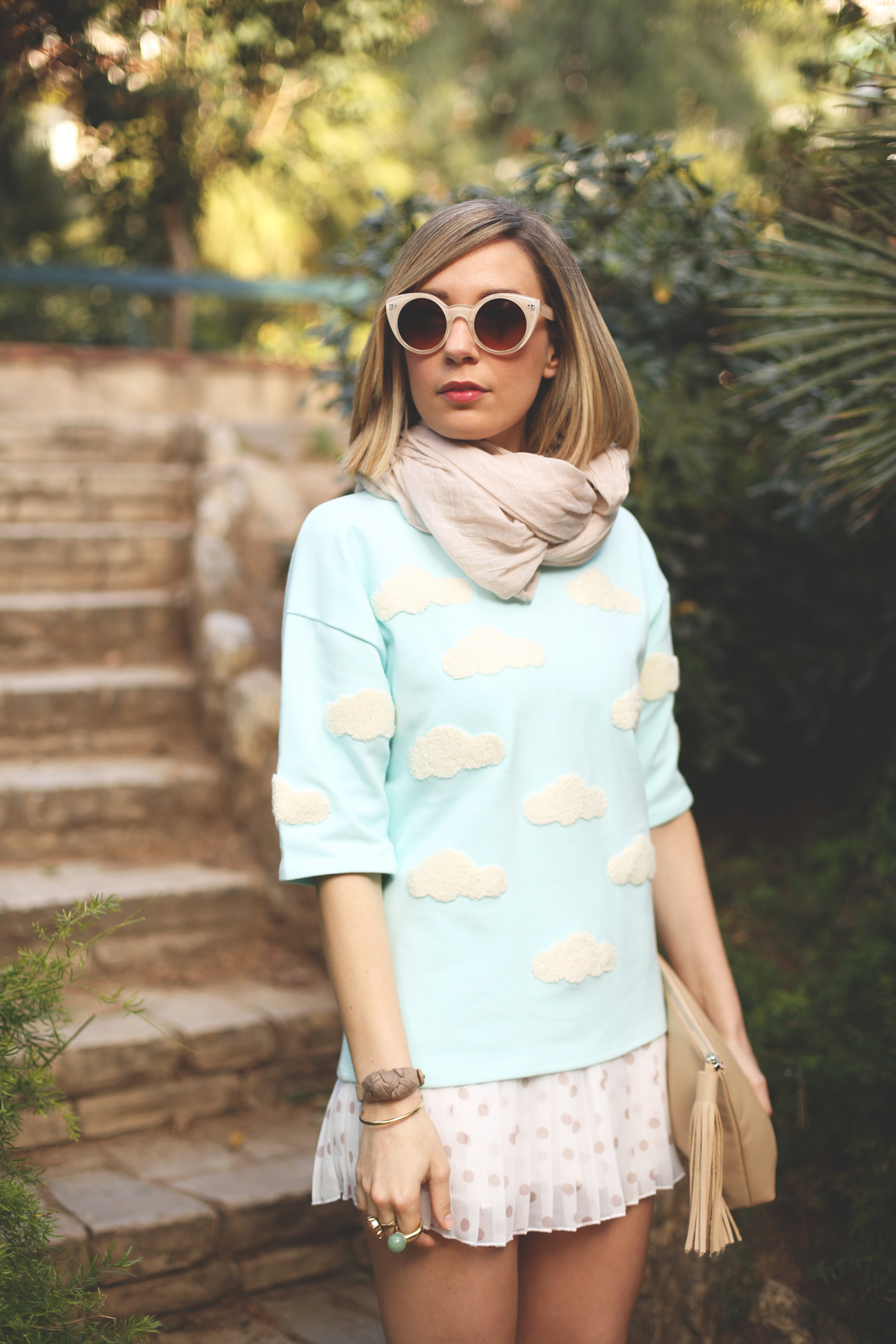 My Showroom, Priscila Betancort, Spring, outfit, look, skirt, dots, chiffon, beige, light blue, clouds