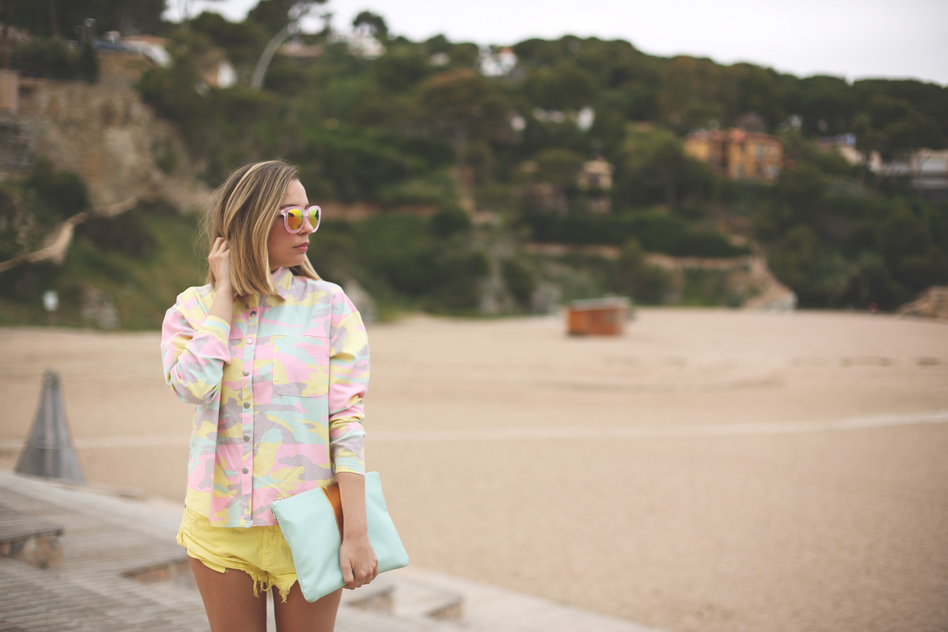 camo print, outfit, spring look, denim shorts, yellow, superga, mirror sunglasses, pastel colors