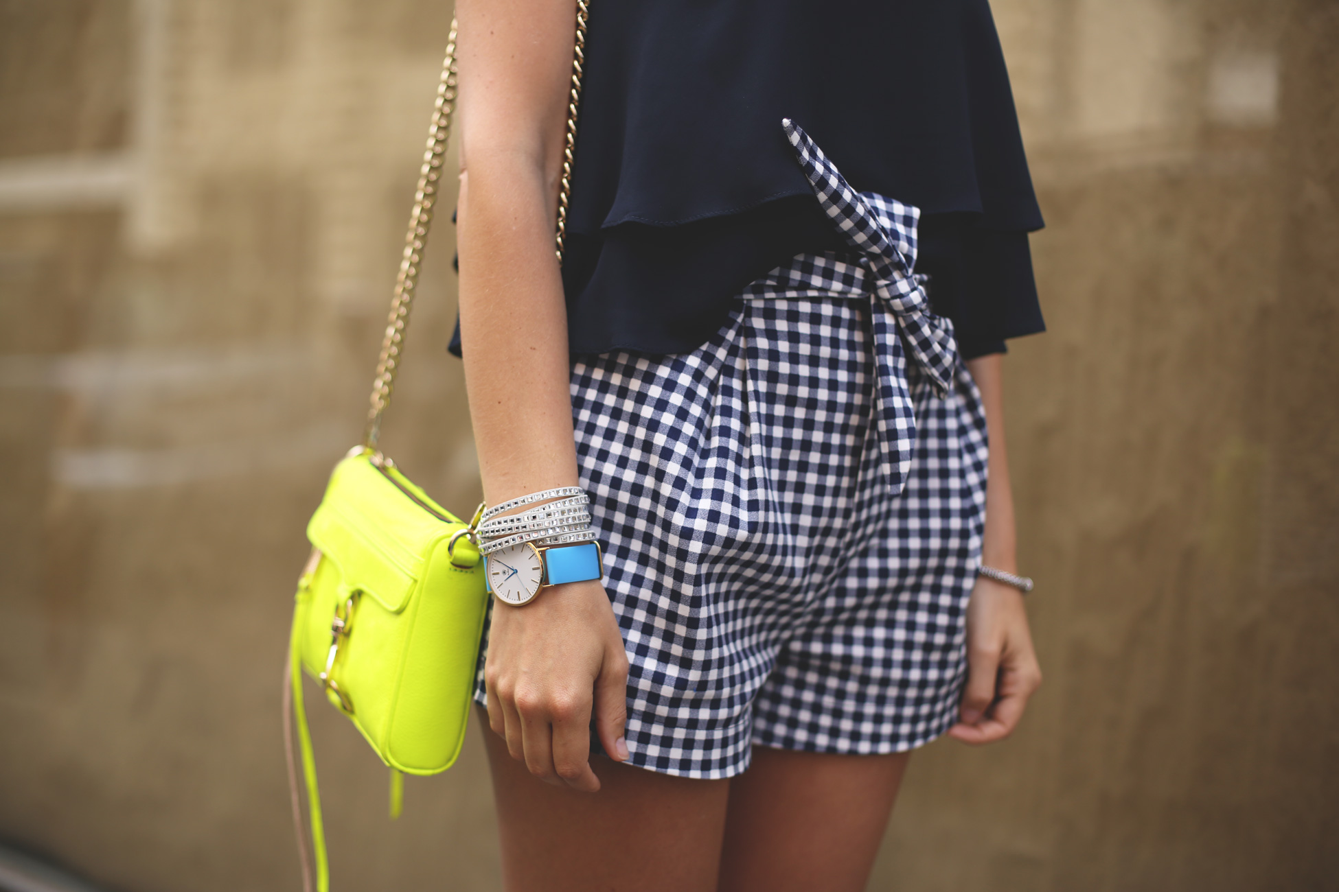 Shorts, spring look, summer outfit, gingham, fluor, rebecca Minkoff, earrings, watch, sandals