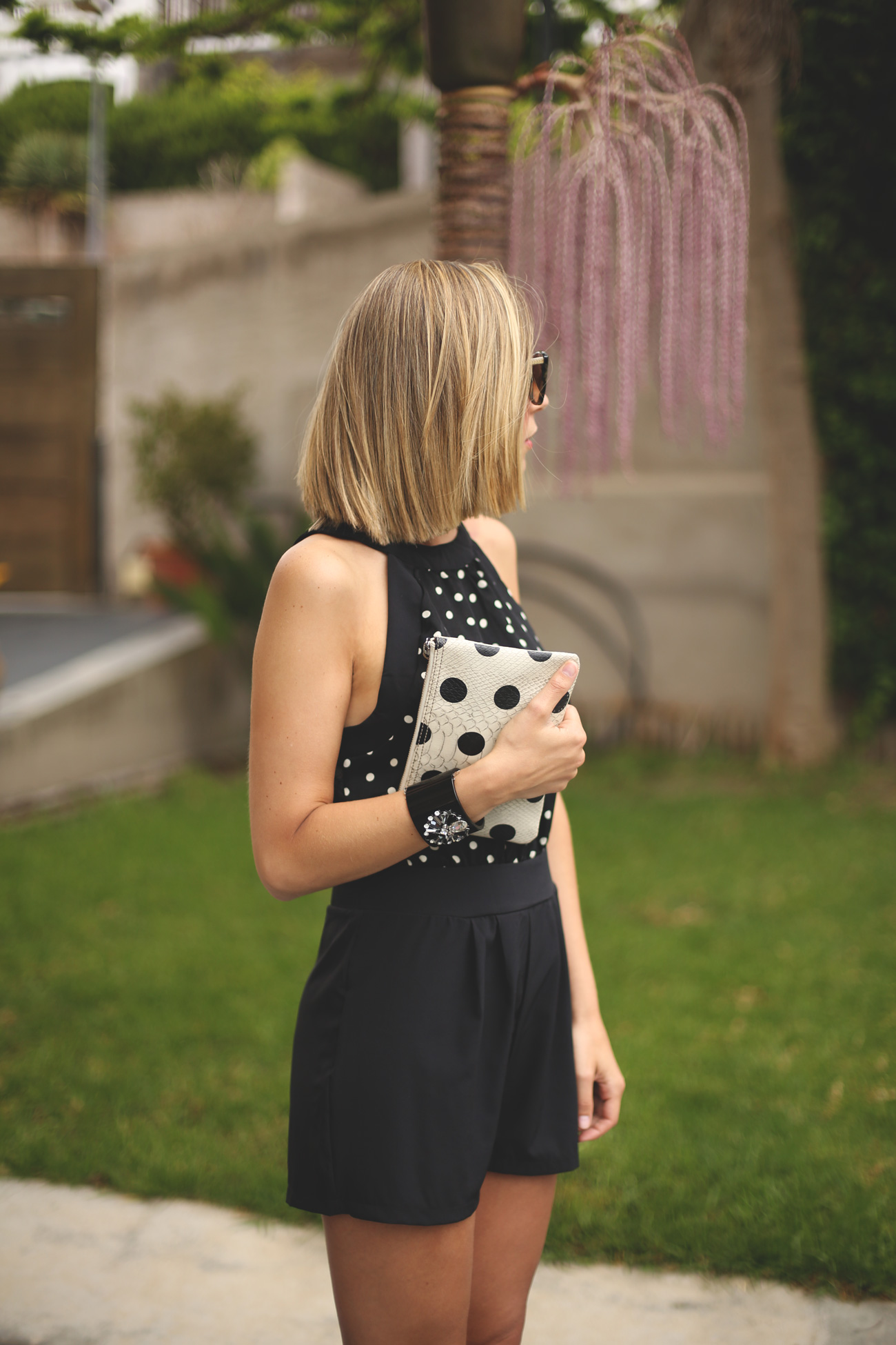 Jumpsuit, dinner look, summer outfit, party look, black and white, dots print