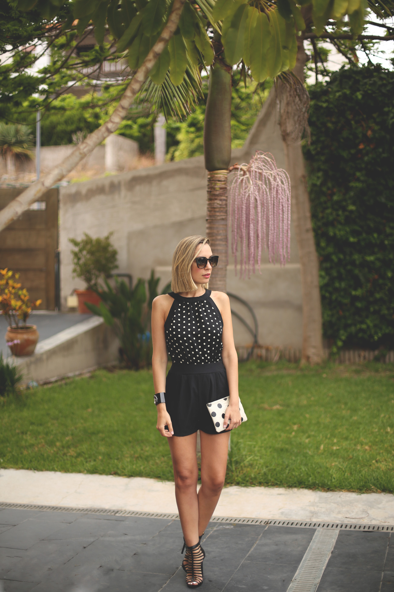 Jumpsuit, Dots print, Marc Jacobs Clutch, Steve Madden, Heels, Black and White, night outfit, summer look, 