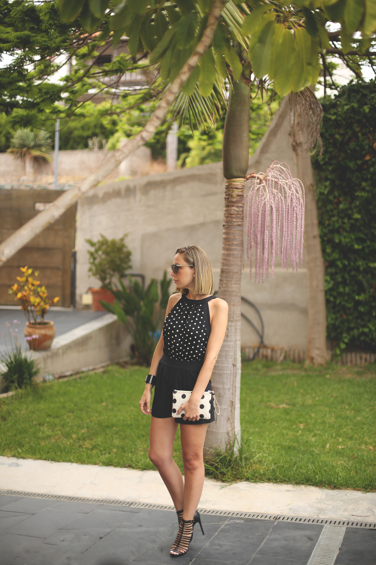 Jumpsuit, Dots print, Marc Jacobs Clutch, Steve Madden, Heels, Black and White, night outfit, summer look, 