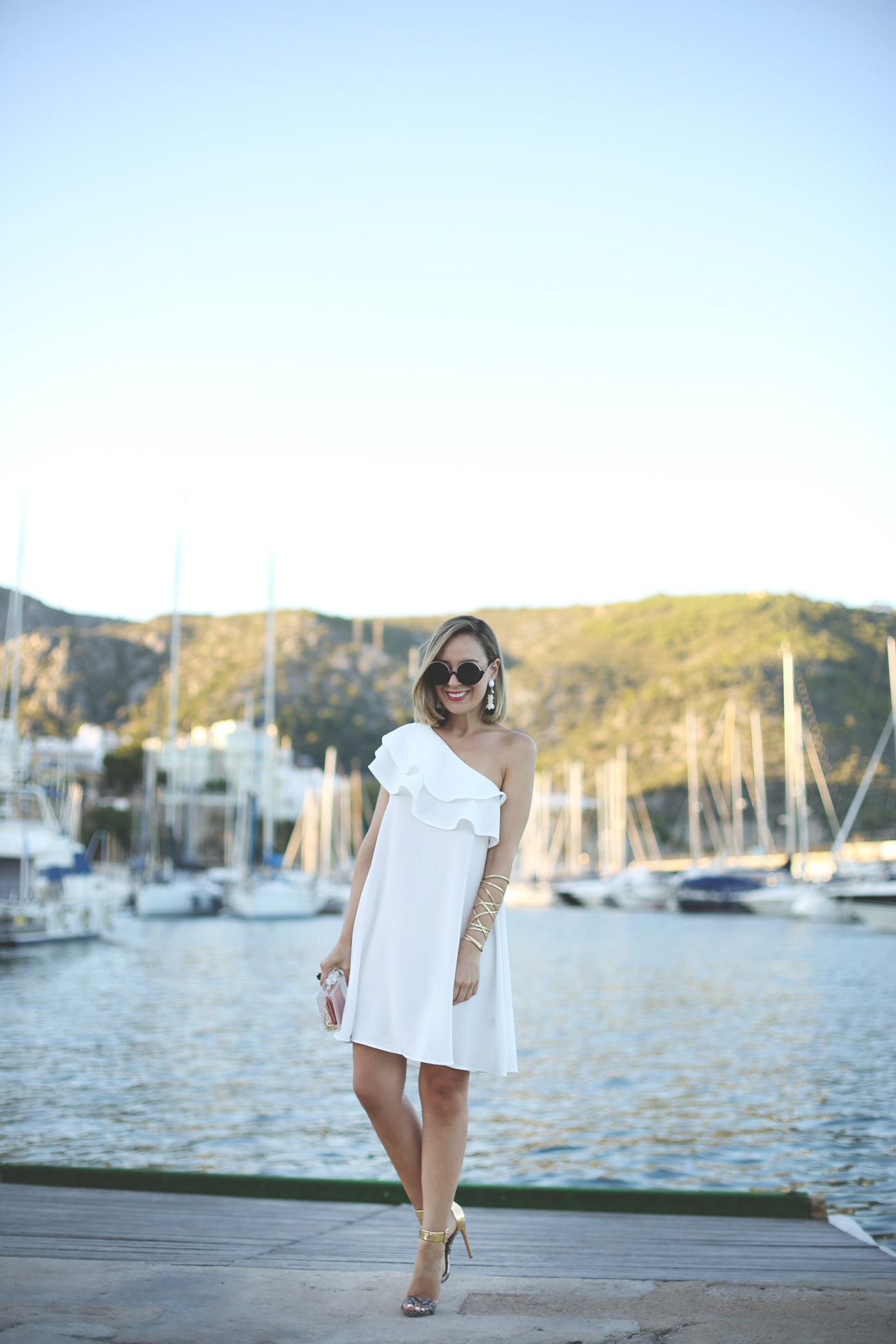 One shoulder Dress, Round sunglasses, clear clutch, earrings, summer dress, summer outfit, white dress