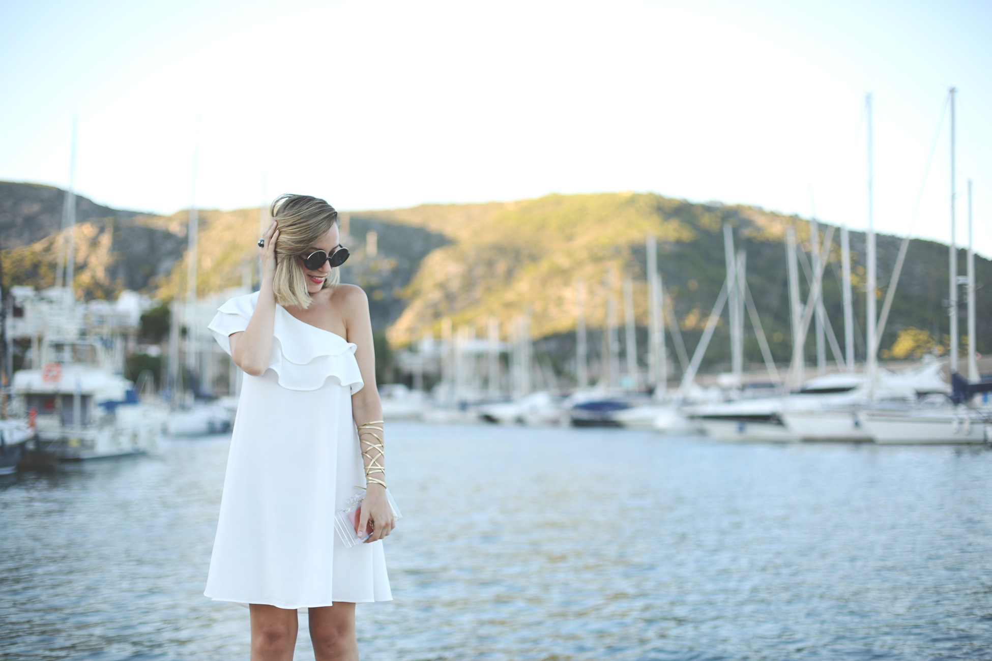 One shoulder Dress, Round sunglasses, clear clutch, earrings, summer dress, summer outfit, white dress