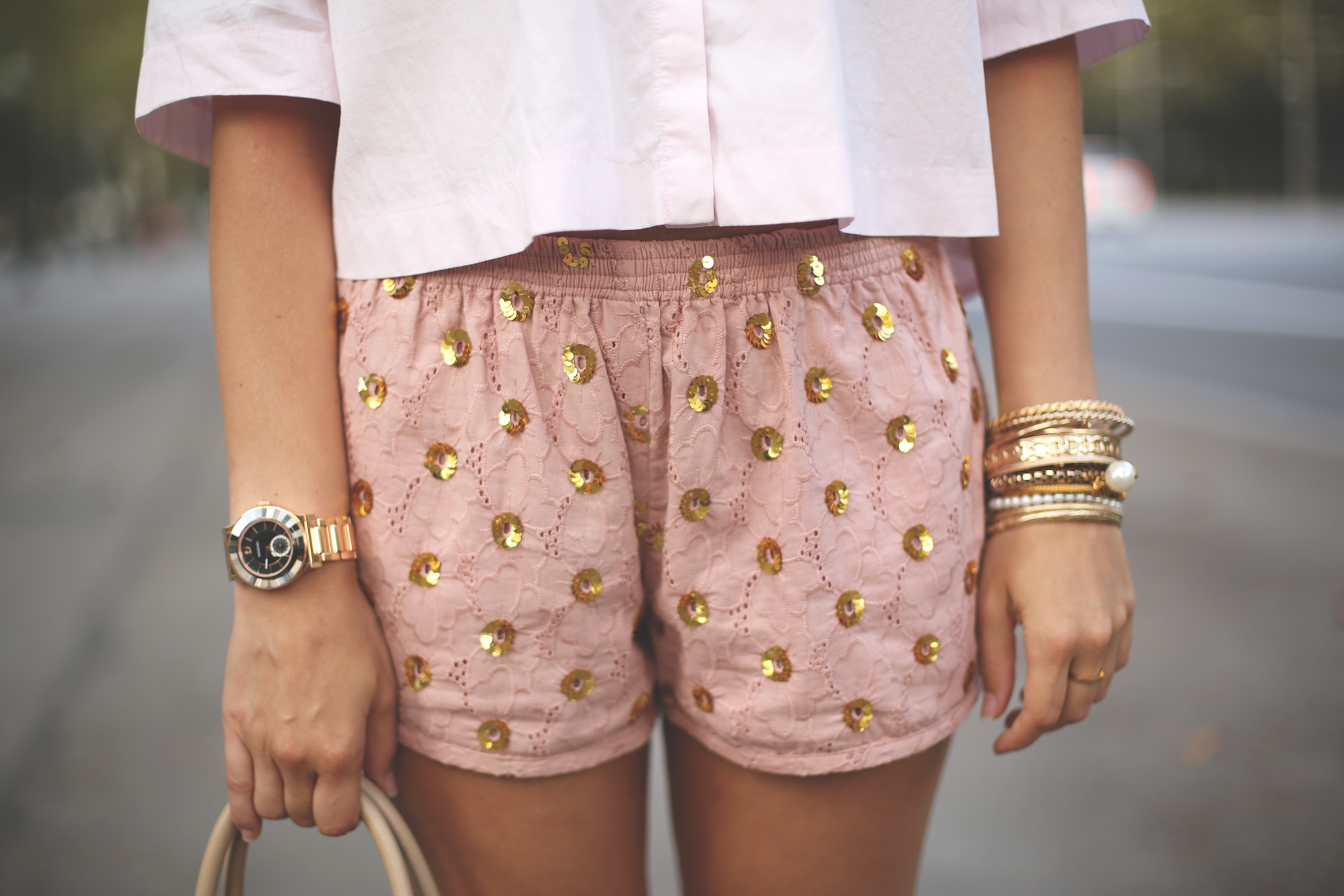 Summer 2014, pink shorts, sequins, golden, bracelets, pink blouse, cateye, prada Bag, swarovski