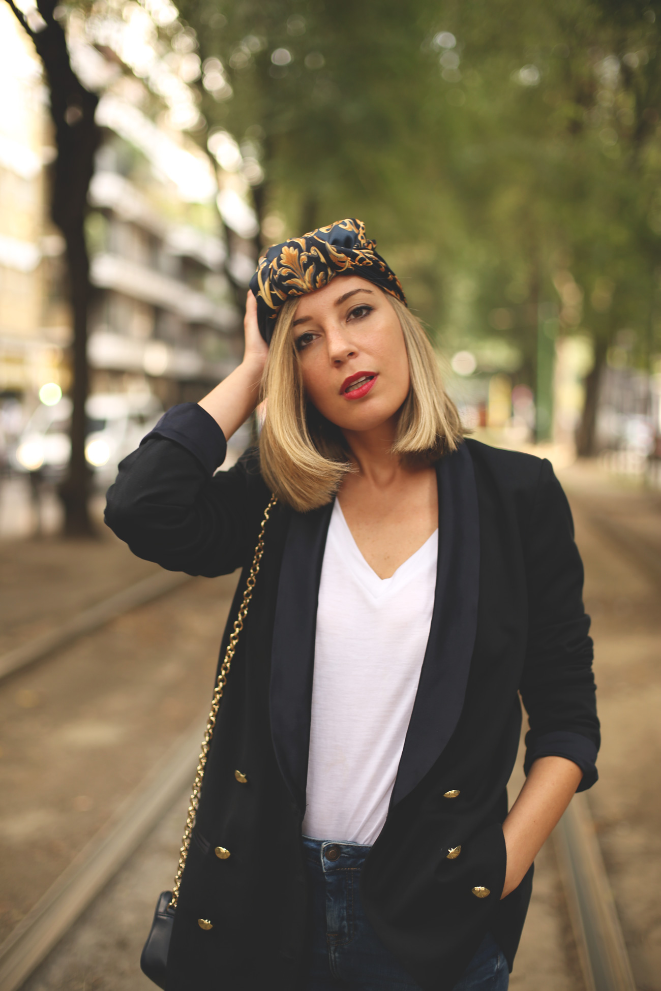 Blazer, Milan Fashion Week, Street style, woman, blue, gold, September 2014, Milano