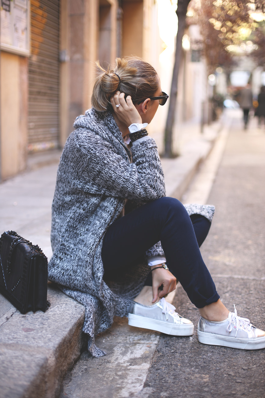 Maxi cardigan, autumn, outfit, blue jeans, grey knit, superga, casual look, cozy outfit